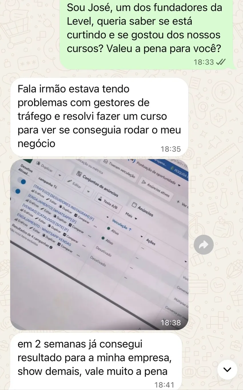 Aluno relatando resultado em sua empresa após duas semanas